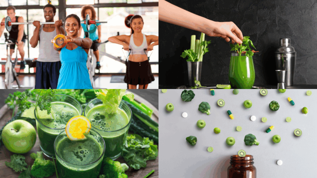 Group fitness, green smoothies, and wellness supplements representing health and wellness lifestyle.