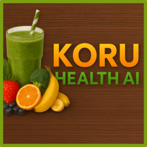 KORU HEALTH AI logo with green smoothie, orange, and fresh fruits