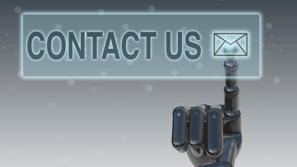 Robotic hand touching digital Contact Us button with envelope icon