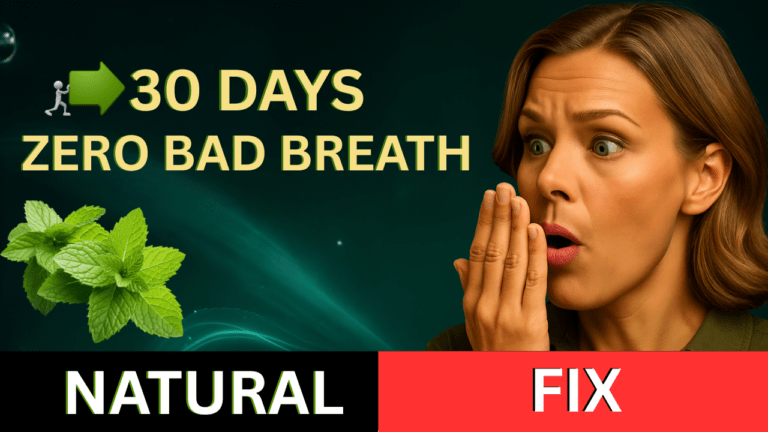 Woman covering mouth with mint leaves and text “30 Days Zero Bad Breath – Natural Fix”