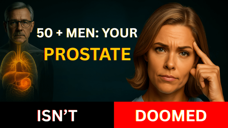 Concerned middle-aged man with prostate diagram and text “50+ Men: Your Prostate Isn’t Doomed”