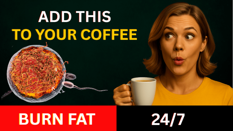 Woman drinking coffee beside fat-cell illustration and text “Add This to Your Coffee – Burn Fat 24/7”