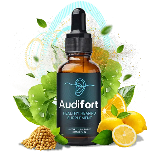 Audifort dropper bottle surrounded by natural herbal ingredients.