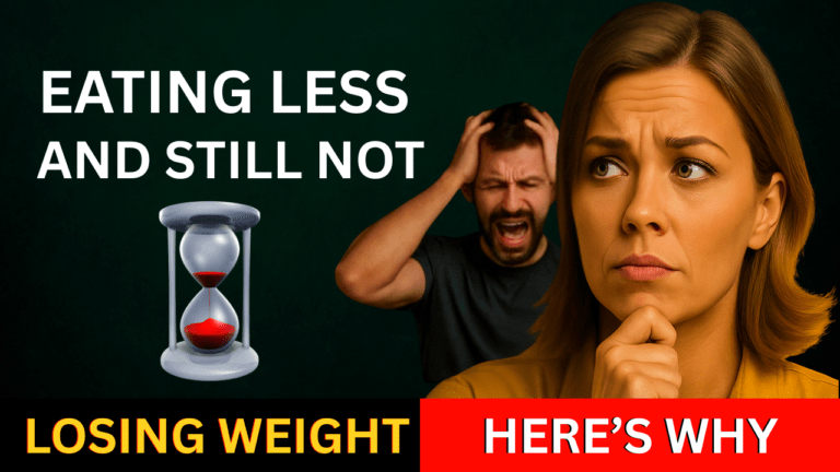 Frustrated man behind a thoughtful woman with text “Eating Less and Still Not Losing Weight – Here’s Why”