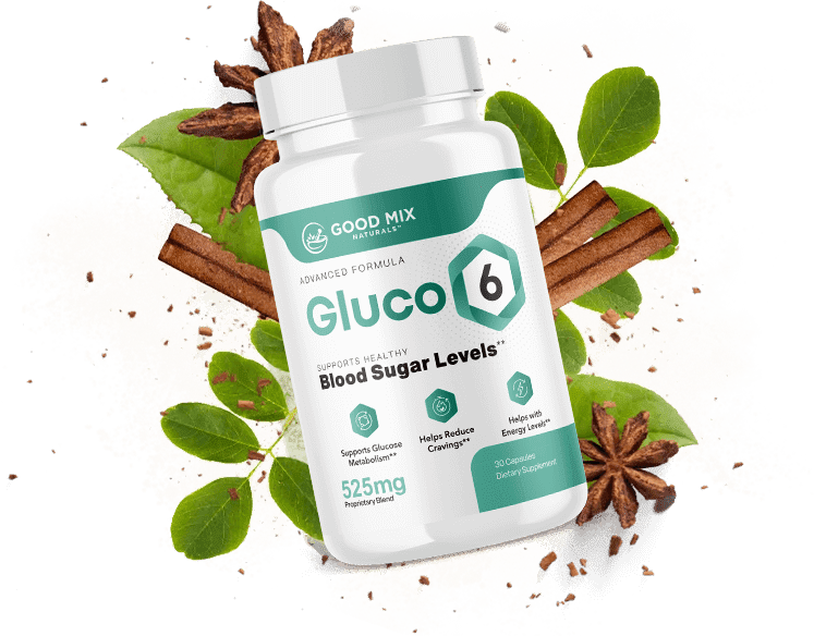 Gluco6 bottle with cinnamon, herbs, and natural blood sugar–balancing ingredients