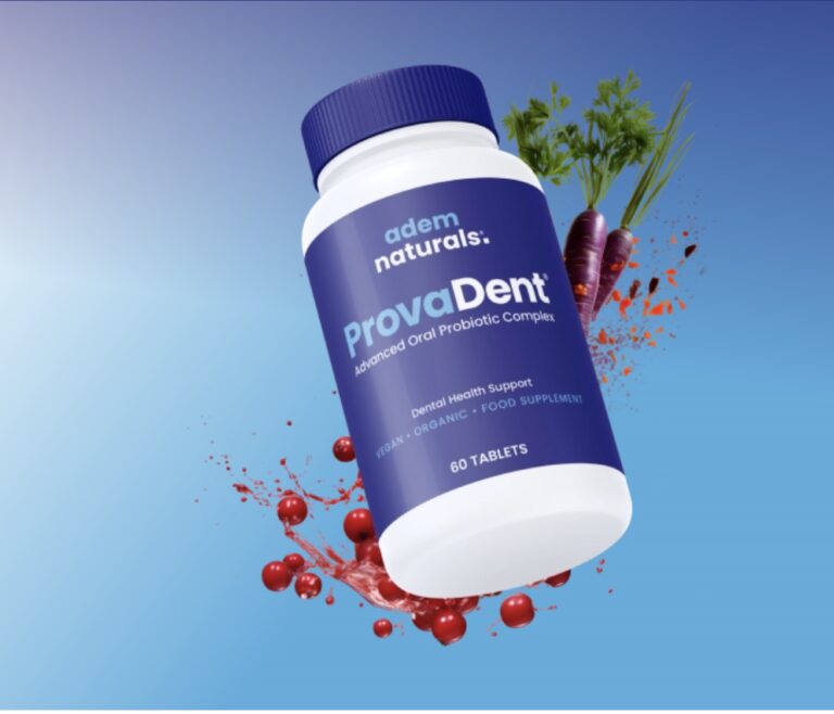 ProvaDent dental health probiotic bottle on a blue background with berries