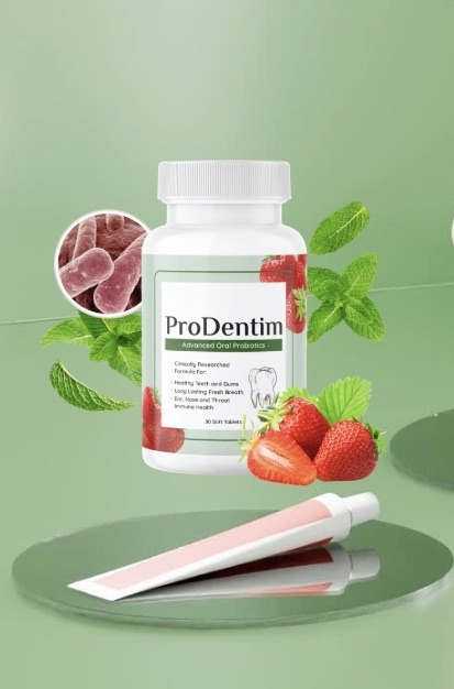 ProDentim probiotic chewable supplement bottle with strawberries and mint