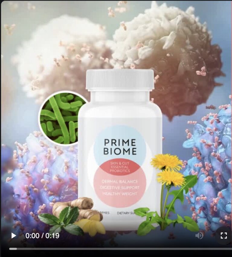 PrimeBiome probiotic supplement bottle with floral and natural elements