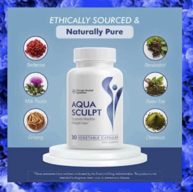 Aqua Sculpt bottle surrounded by natural plant-based ingredients and wellness icons