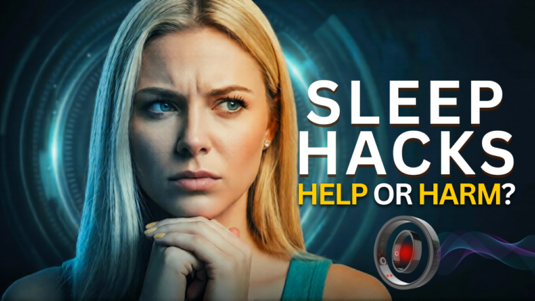 Sleep hacks explained showing a woman questioning whether sleep optimization trends help or harm sleep quality