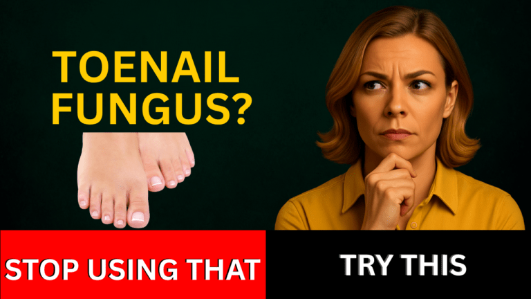 Woman looking concerned at text “Toenail Fungus? Stop Using That – Try This” beside an image of feet