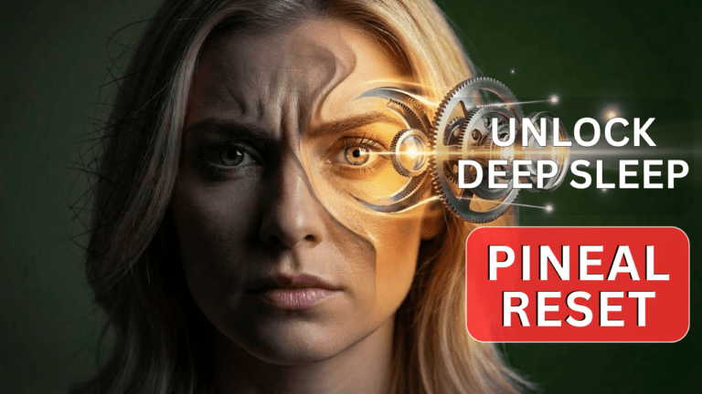 A woman with split-face pineal gland gear overlay and text “Unlock Deep Sleep – Pineal Reset”