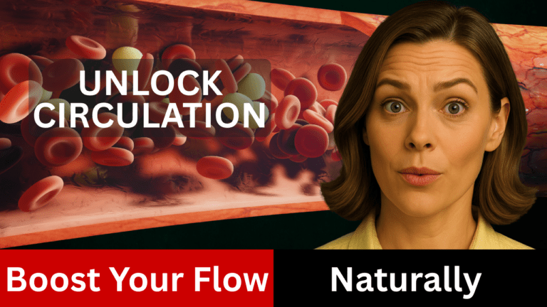 Woman looking surprised beside blood-flow artery illustration with text “Unlock Circulation – Boost Your Flow Naturally”