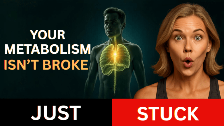Woman reacting to glowing metabolic torso graphic with text “Your Metabolism Isn’t Broke — Just Stuck”