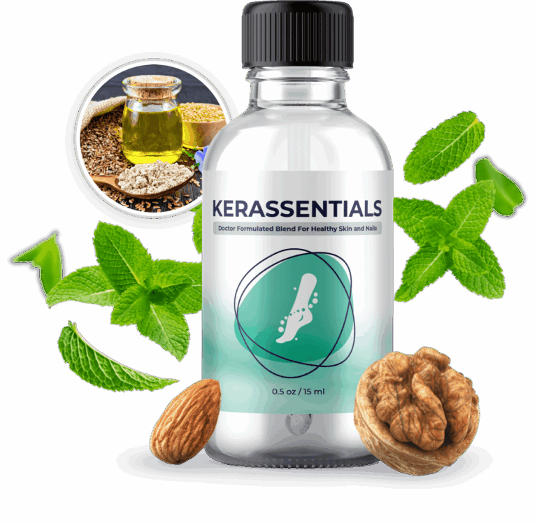 Kerassentials dropper bottle with mint leaves and nuts for nail and skin support.